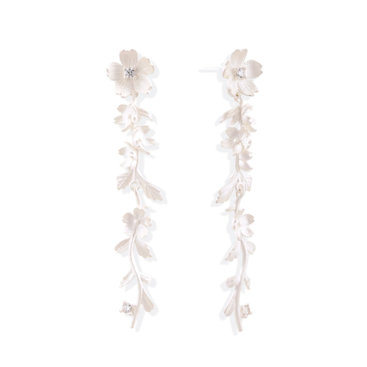 Isla Vine Drop Earrings, pair of matte sterling silver flower-and-vine drop earrings, front view