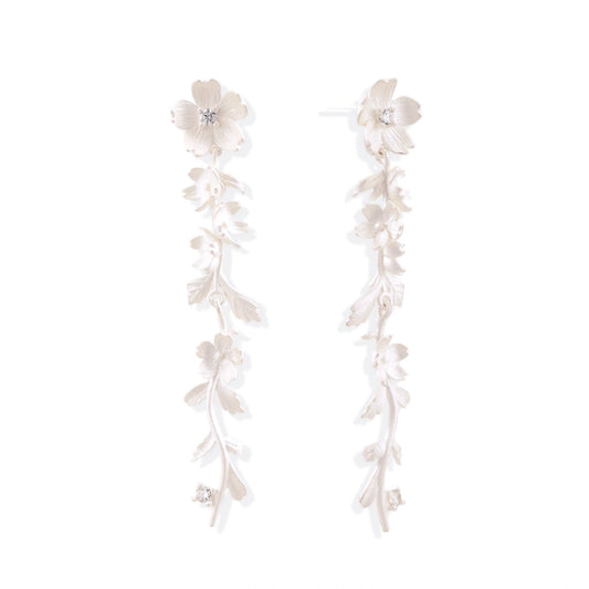 Isla Vine Drop Earrings, pair of matte sterling silver flower-and-vine drop earrings, front view
