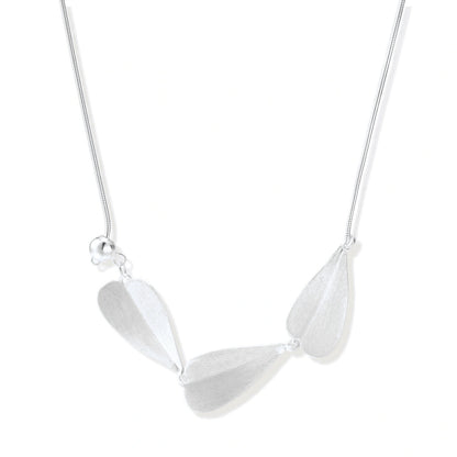 Lark Leaf Necklace, three brushed sterling silver leaves on a fine chain, front view