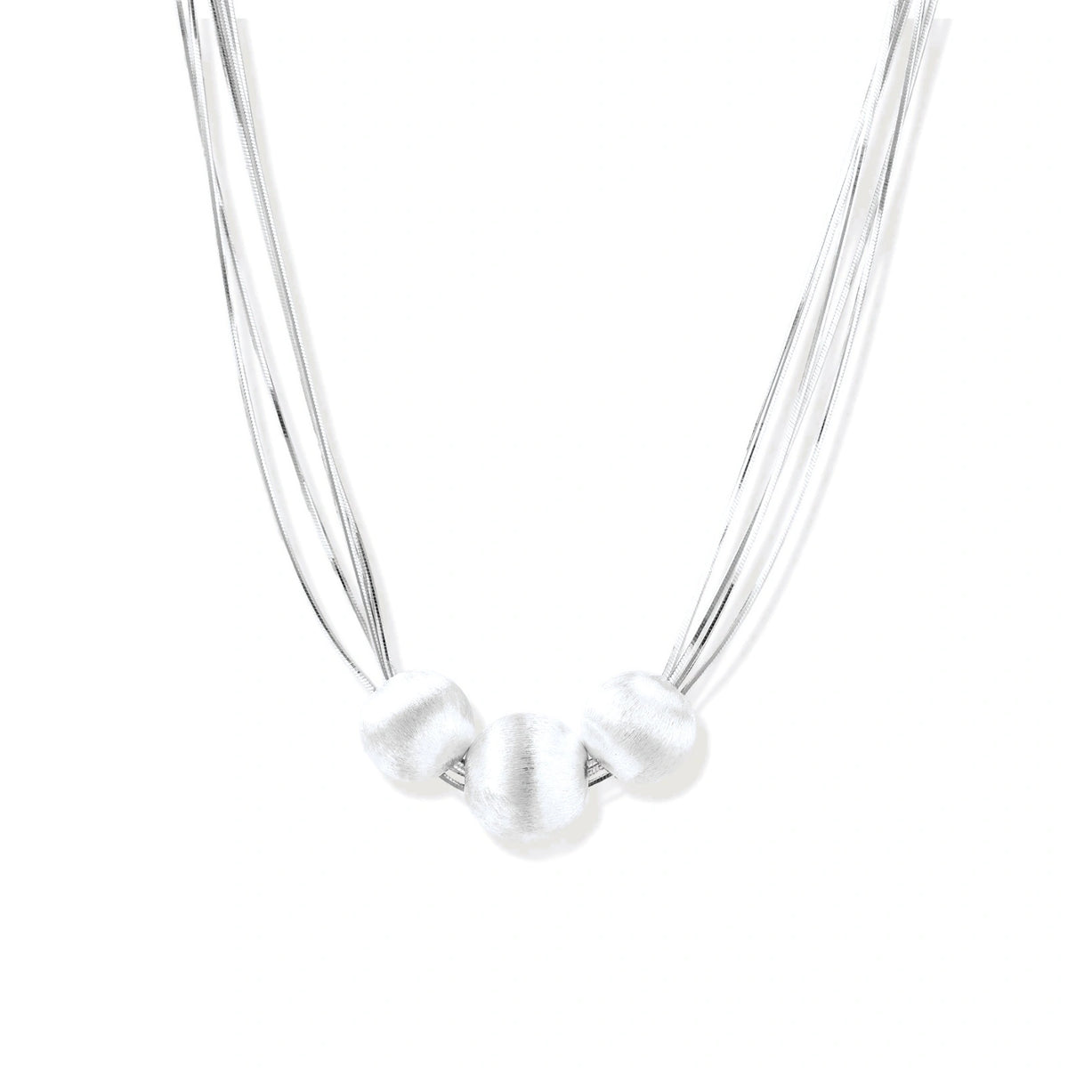 Sabine Strand Necklace, three brushed sterling silver beads on fine multi-strand chains, front view