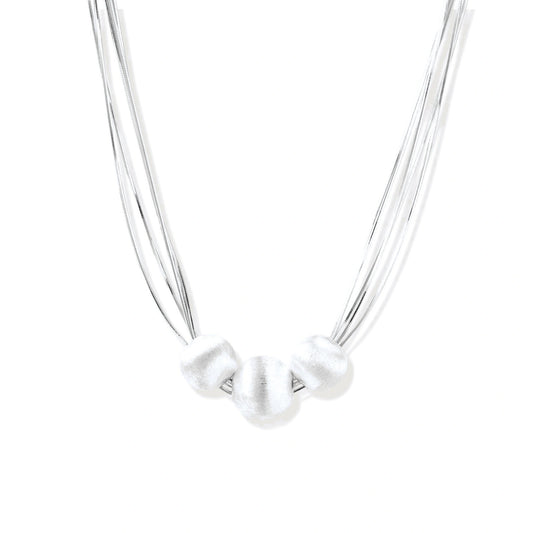 Sabine Strand Necklace, three brushed sterling silver beads on fine multi-strand chains, front view
