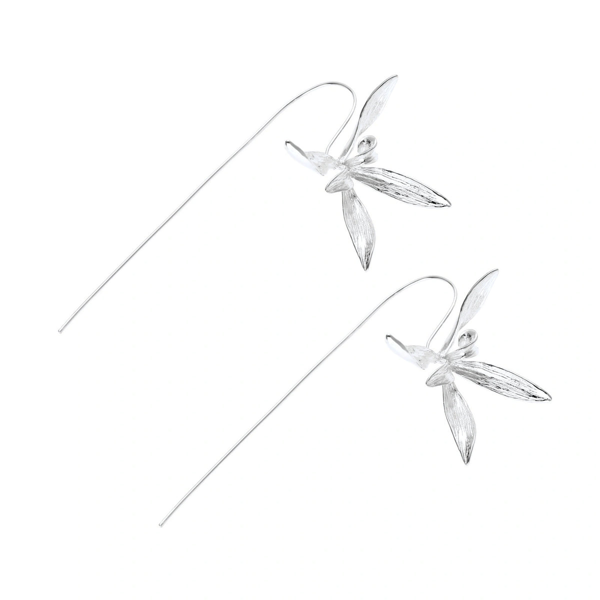 Lina Petal Threader Earrings, pair lying at an angle showing the full length of the threader wires