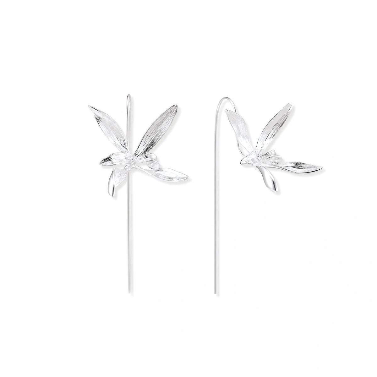 Lina Petal Threader Earrings, pair of brushed sterling silver bloom earrings on long threader wires, front view