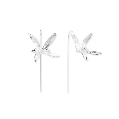 Lina Petal Threader Earrings, pair of brushed sterling silver bloom earrings on long threader wires, front view