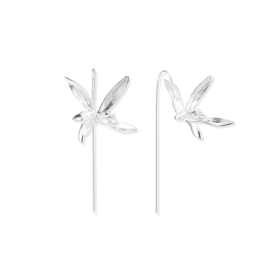 Lina Petal Threader Earrings, pair of brushed sterling silver bloom earrings on long threader wires, front view