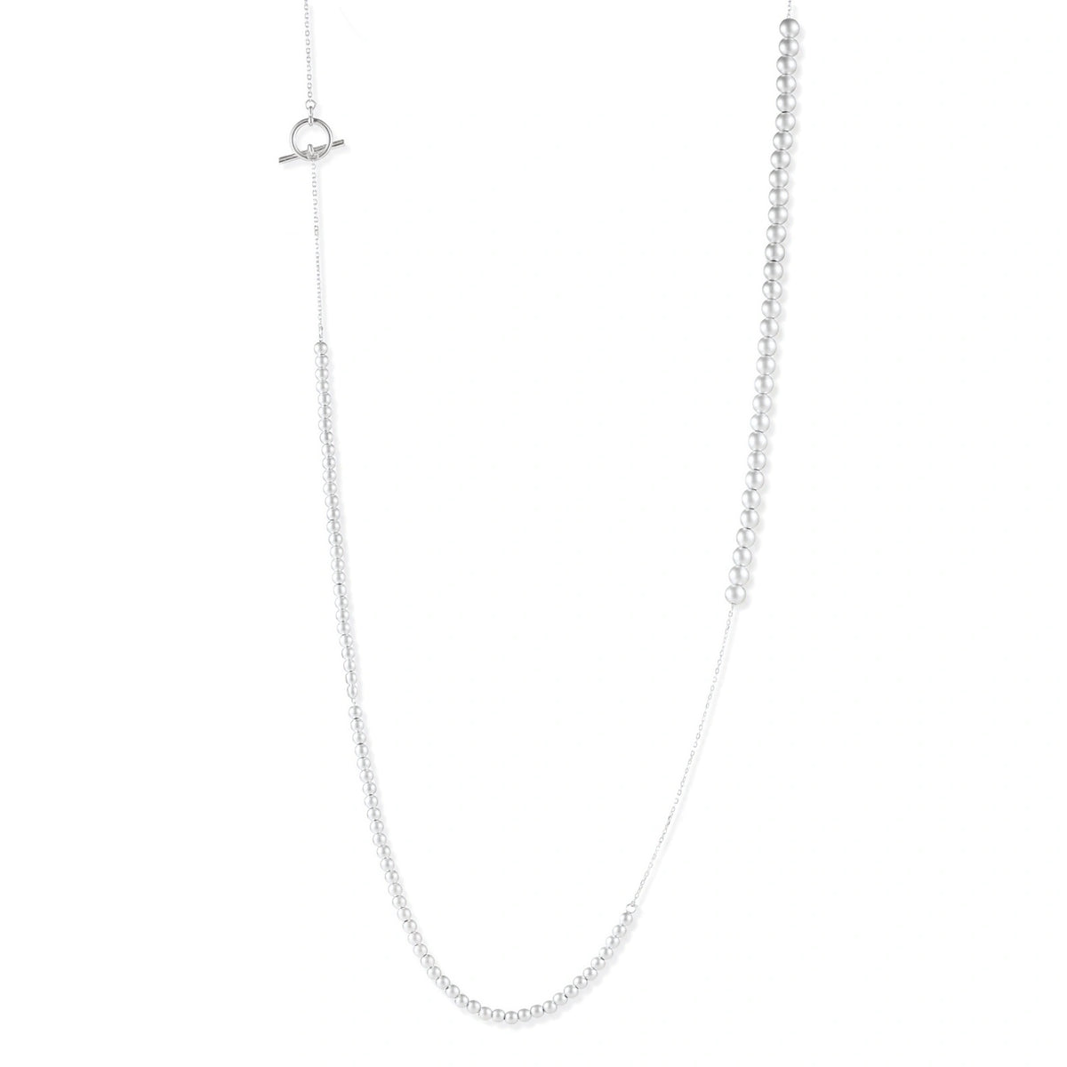 Della Sphere Necklace, long sterling silver necklace with graduated spheres along one side, full length