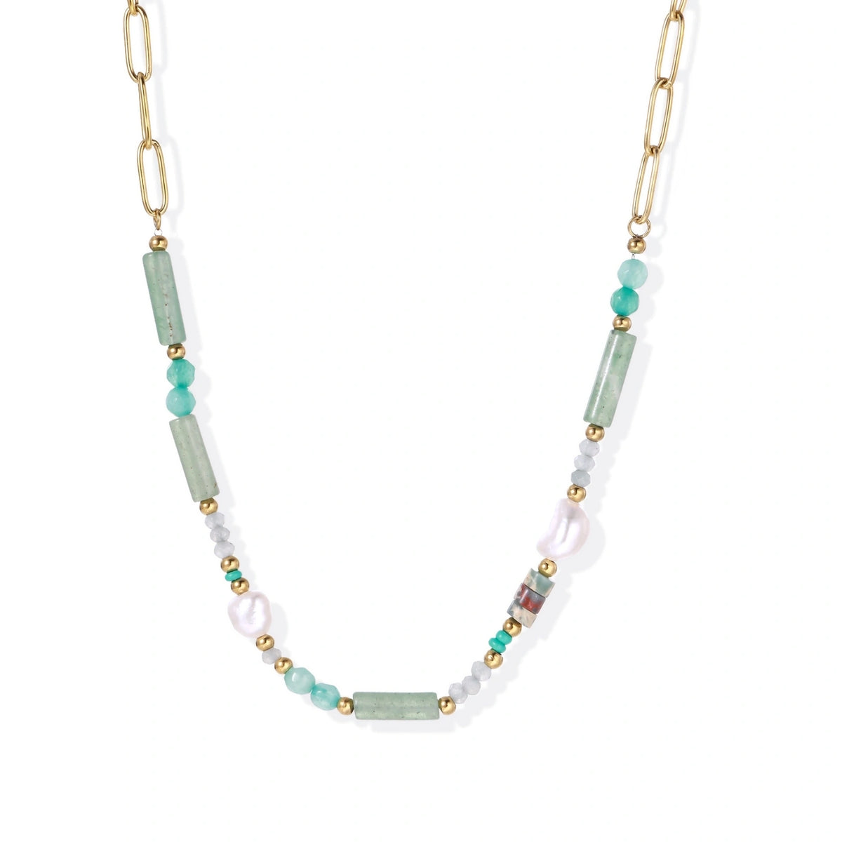 Seafoam Dreams Necklace, green prasem quartz and baroque pearl beads on a gold paperclip chain