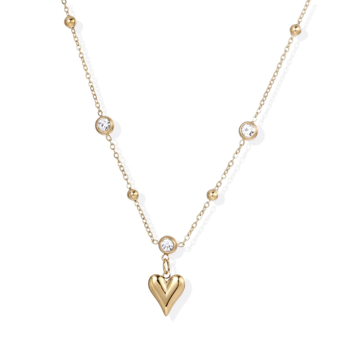 Crystal Heart Charm Necklace - 14K Gold Plated Stainless Steel with bezel-set clear crystals