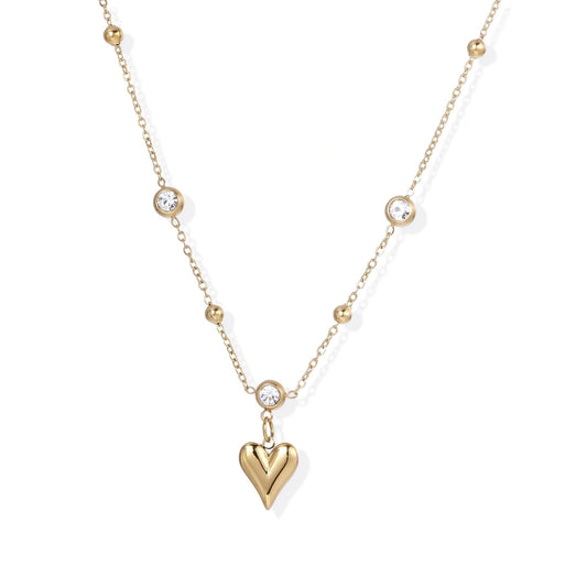 Crystal Heart Charm Necklace - 14K Gold Plated Stainless Steel with bezel-set clear crystals