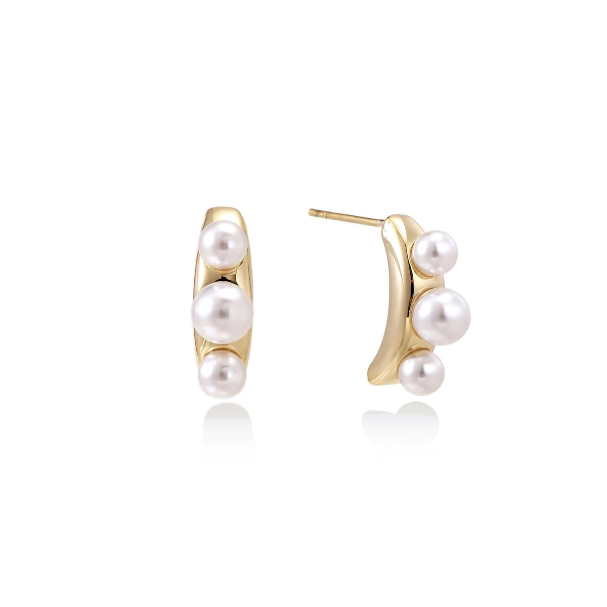 Pearl Trio Curve Studs - 14K Gold Plated Brass with three freshwater pearls, front view