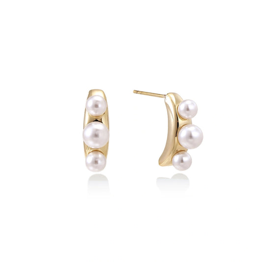 Pearl Trio Curve Studs - 14K Gold Plated Brass with three freshwater pearls, front view