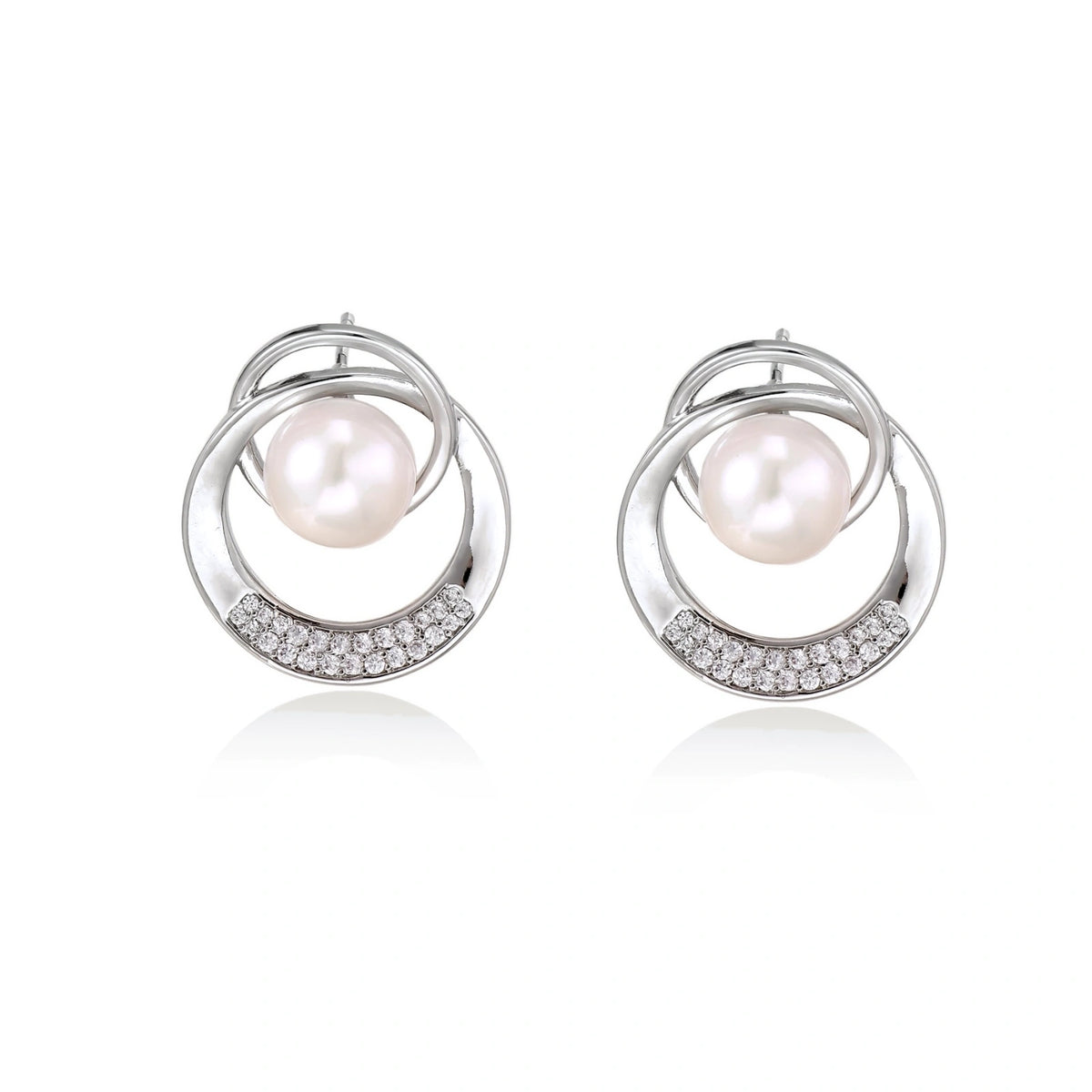 Pearl Orbit Studs - close-up of pavé detail and freshwater pearl