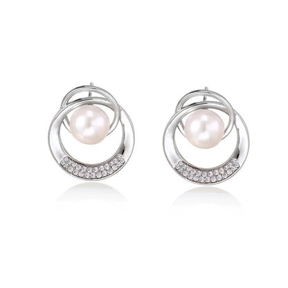 Pearl Orbit Studs - close-up of pavé detail and freshwater pearl