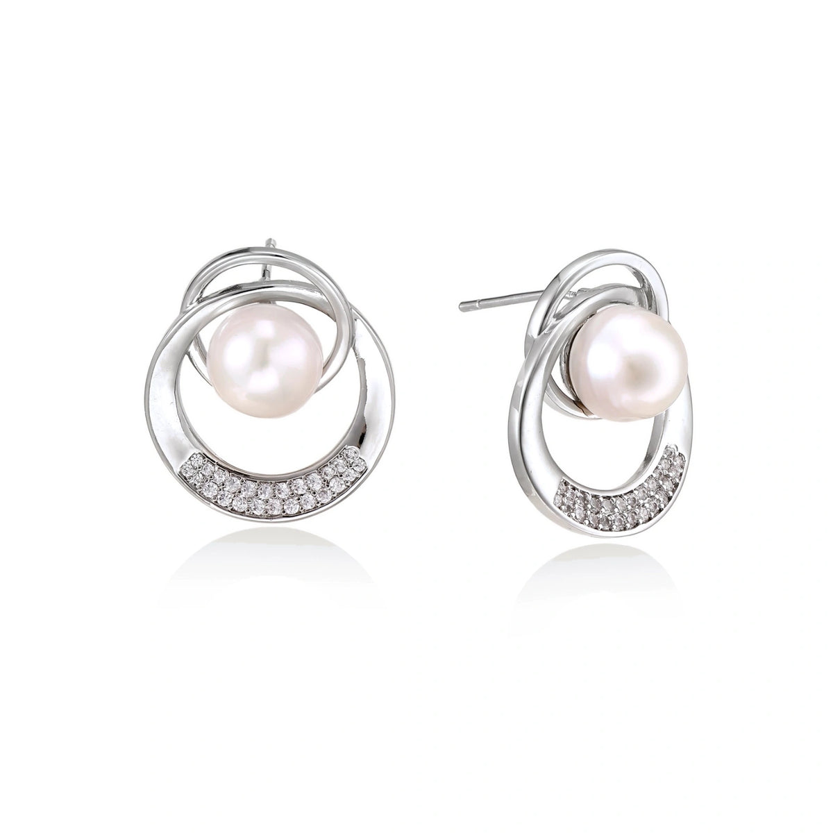 Pearl Orbit Studs - White Gold Plated Brass and Freshwater Pearl earrings, front view