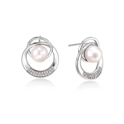Pearl Orbit Studs - White Gold Plated Brass and Freshwater Pearl earrings, front view