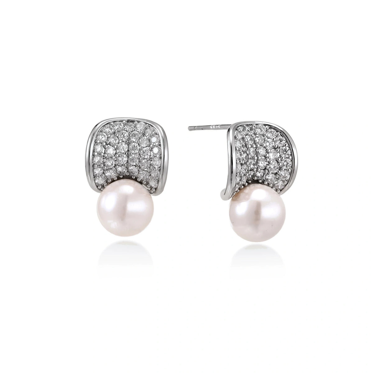 Luna Pearl Dome Studs, pair of white gold-plated pave dome studs with freshwater pearl base