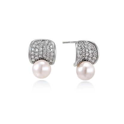 Luna Pearl Dome Studs, pair of white gold-plated pave dome studs with freshwater pearl base