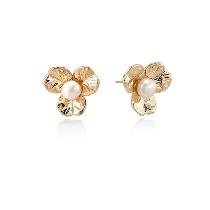 Bloom Pearl Studs - 14K gold plated brass with freshwater pearl, front view