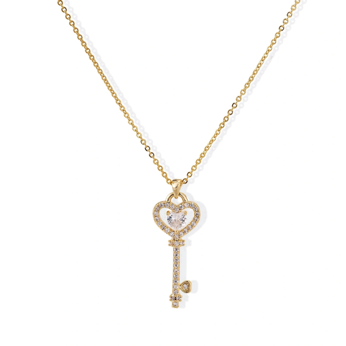 Secret Heart Key Necklace, gold-plated key pendant with pave zirconia heart on a cable chain