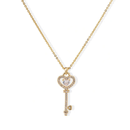 Secret Heart Key Necklace, gold-plated key pendant with pave zirconia heart on a cable chain