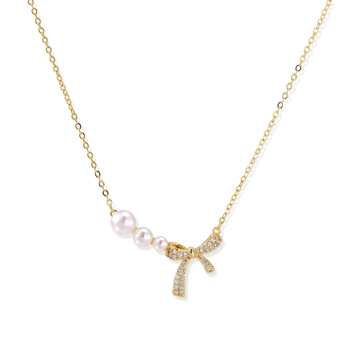 Pearl Bow Dreams Necklace - 14K Gold Plated Brass with freshwater pearls and pavé crystal bow, front view