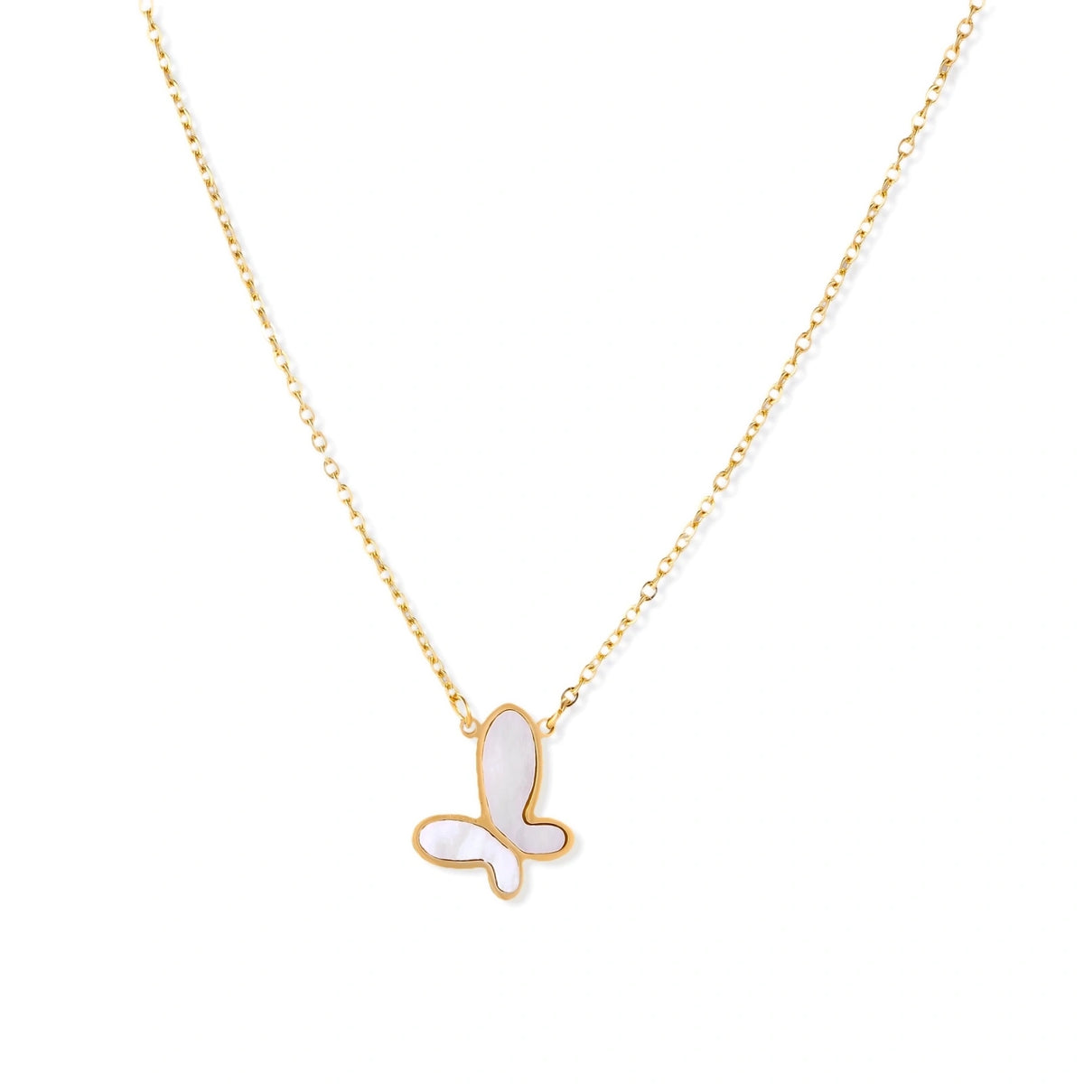 Flutter Dream Necklace - 18K gold plated stainless steel with mother of pearl butterfly, front view