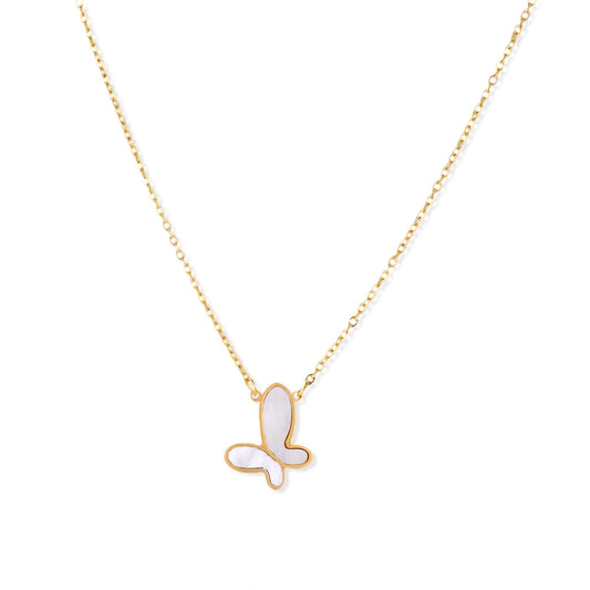 Flutter Dream Necklace - 18K gold plated stainless steel with mother of pearl butterfly, front view