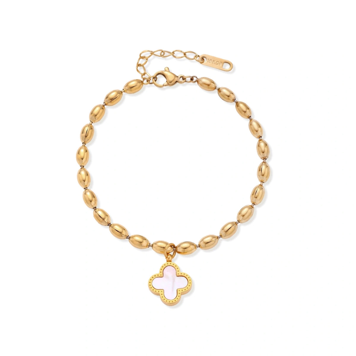 Lucky Clover Beaded Bracelet - 18K gold plated stainless steel with mother of pearl clover, front view