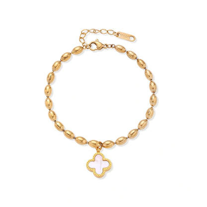 Lucky Clover Beaded Bracelet - 18K gold plated stainless steel with mother of pearl clover, front view