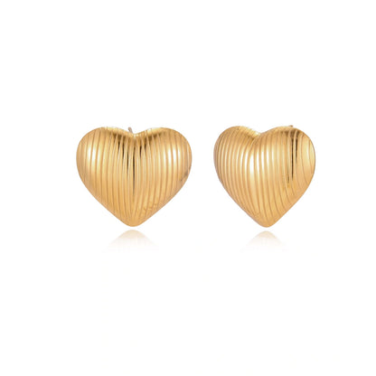 Textured Heart Stud Earrings in 18K gold-plated stainless steel with ribbed texture