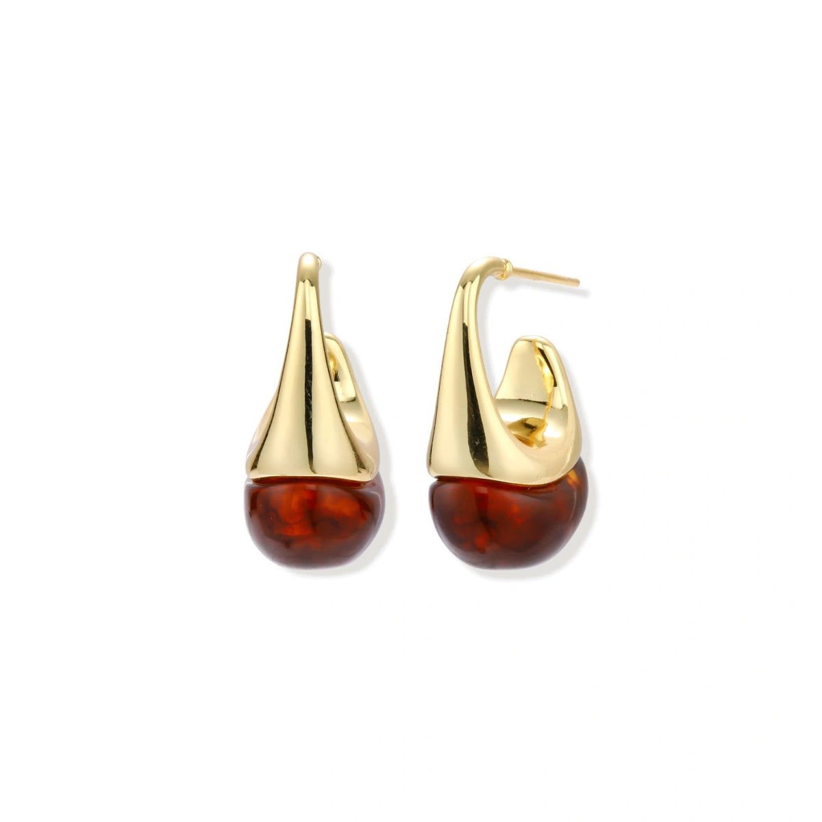 Amber Flow Drop Earrings - 18K gold plated brass with amber resin, front view