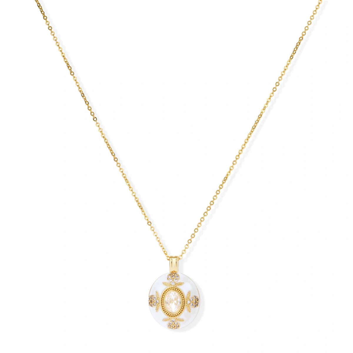 Golden Medallion Necklace, white enamel medallion pendant with zirconia bezel on a gold cable chain