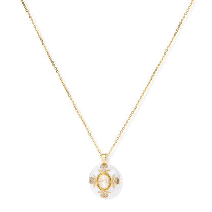 Golden Medallion Necklace, white enamel medallion pendant with zirconia bezel on a gold cable chain