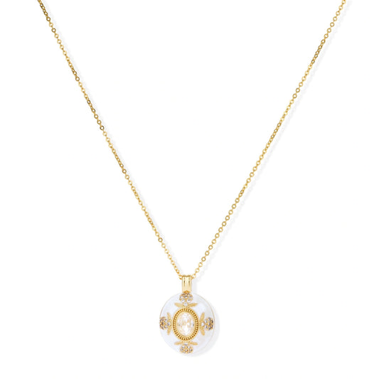 Golden Medallion Necklace, white enamel medallion pendant with zirconia bezel on a gold cable chain