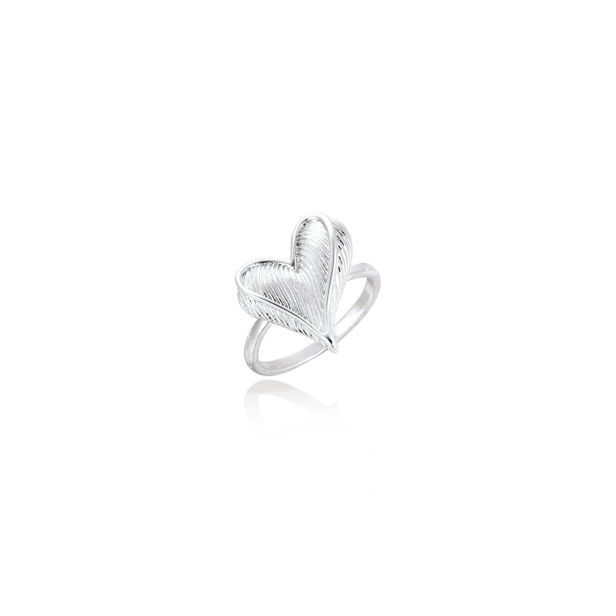 Odalys Feathered Heart Ring, front view of the sculpted feather-textured heart on hand