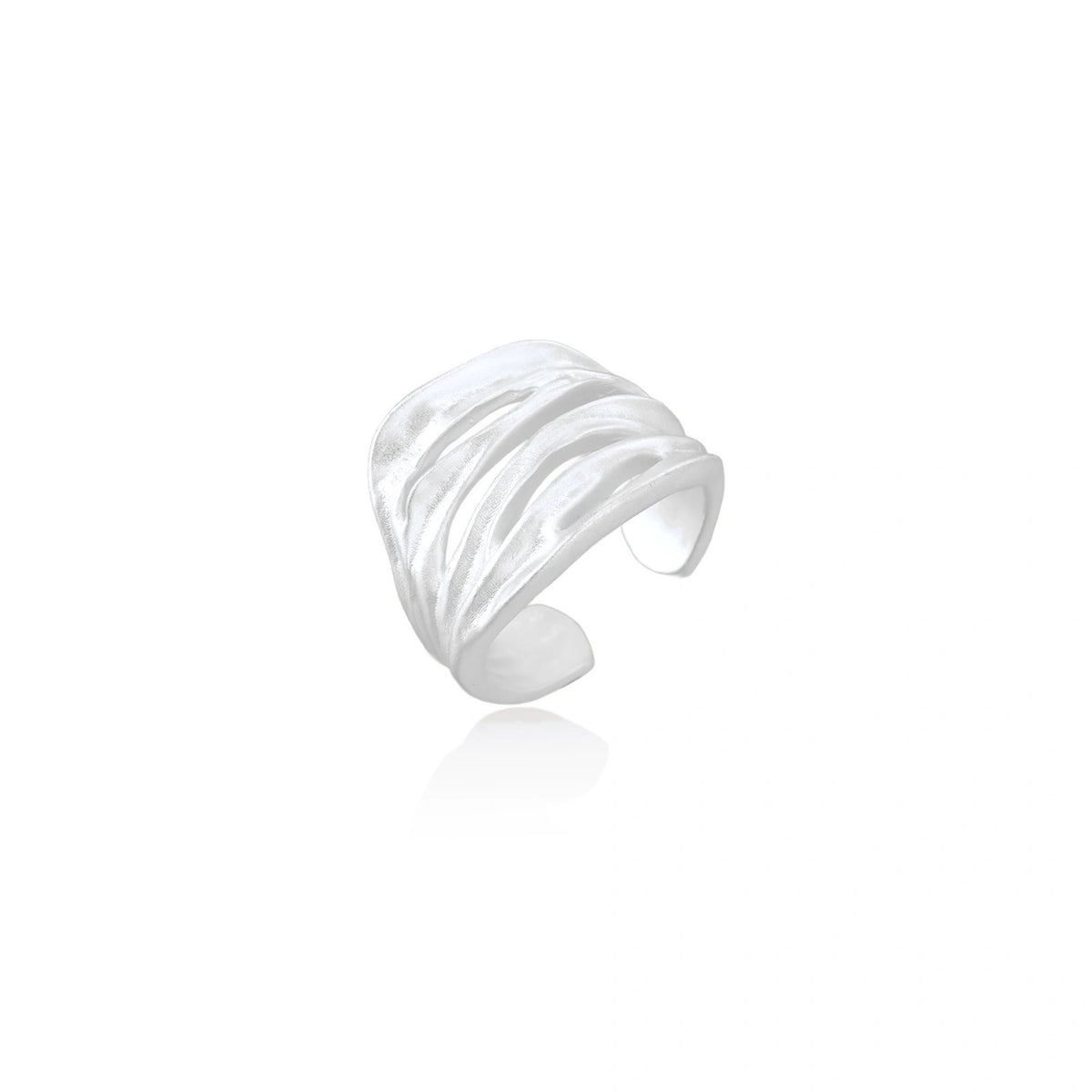 Coralie Wave Ring, brushed sterling silver ring of open wave-like bands, angled view showing the open adjustable band