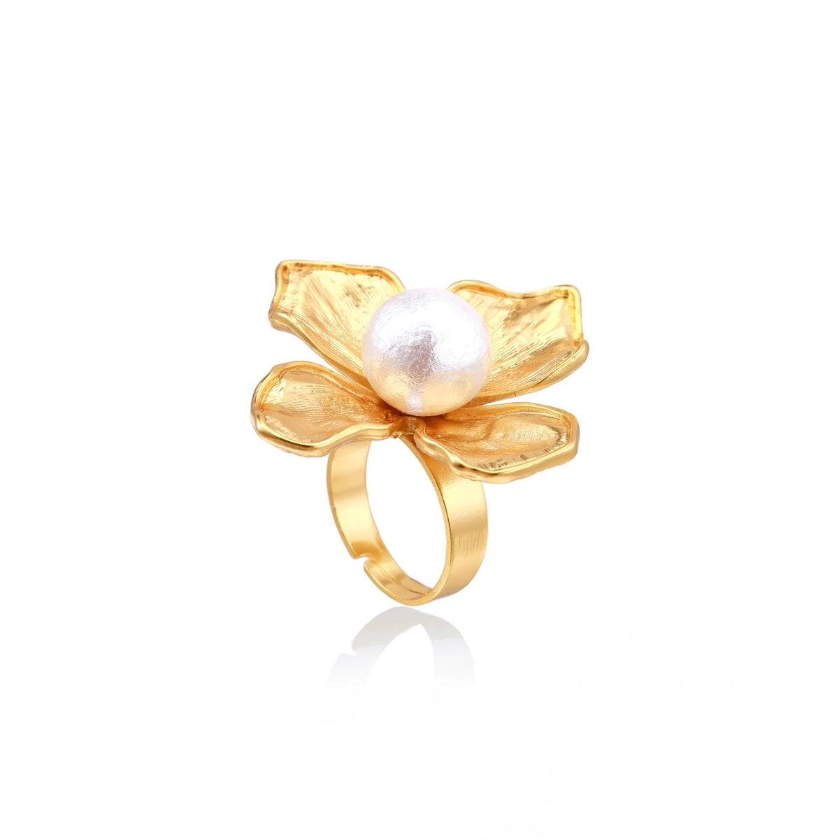 Blooming Pearl Statement Ring - 18K gold plated brass with cotton pearl, front view