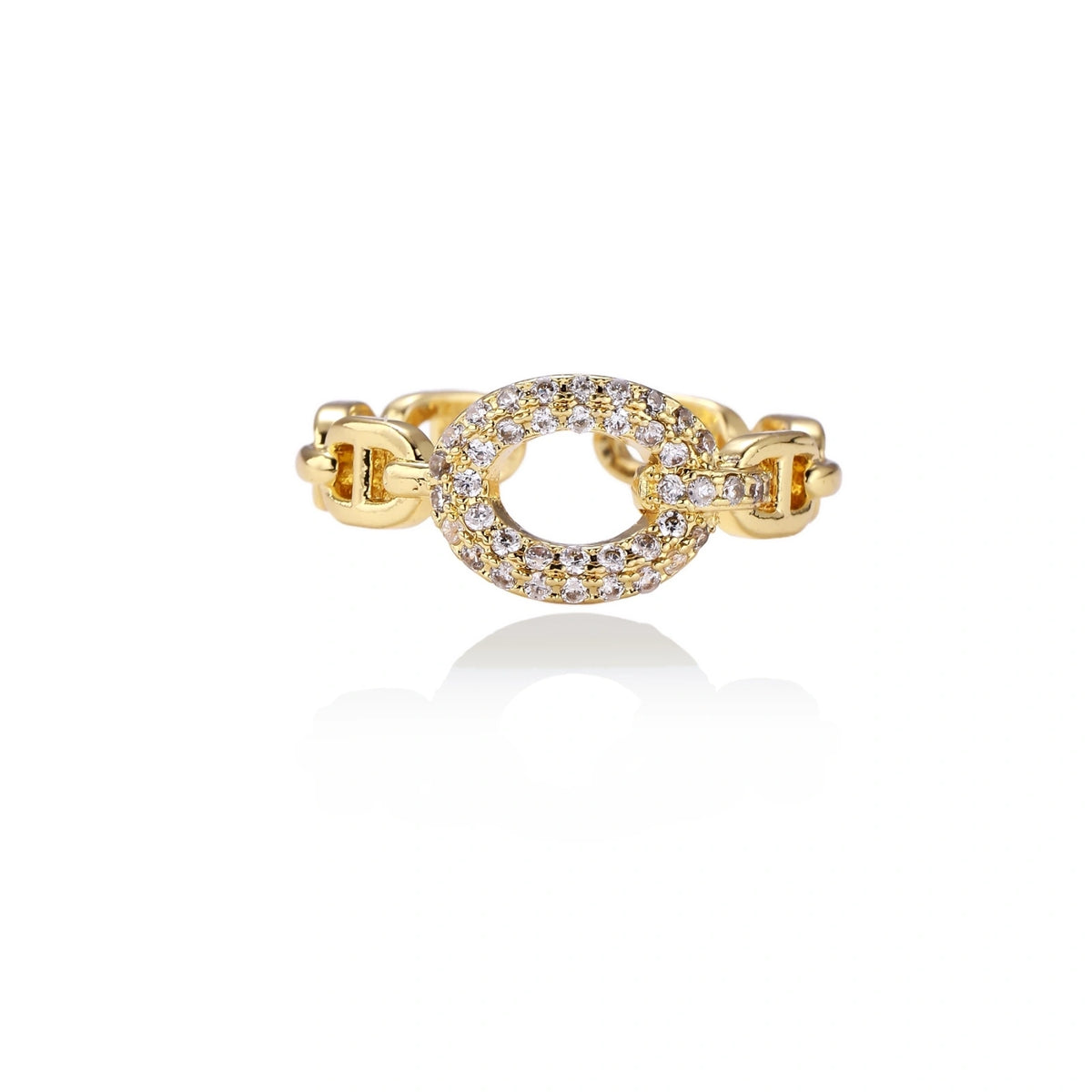 Golden Chain Statement Ring, angled view showing the open adjustable shank