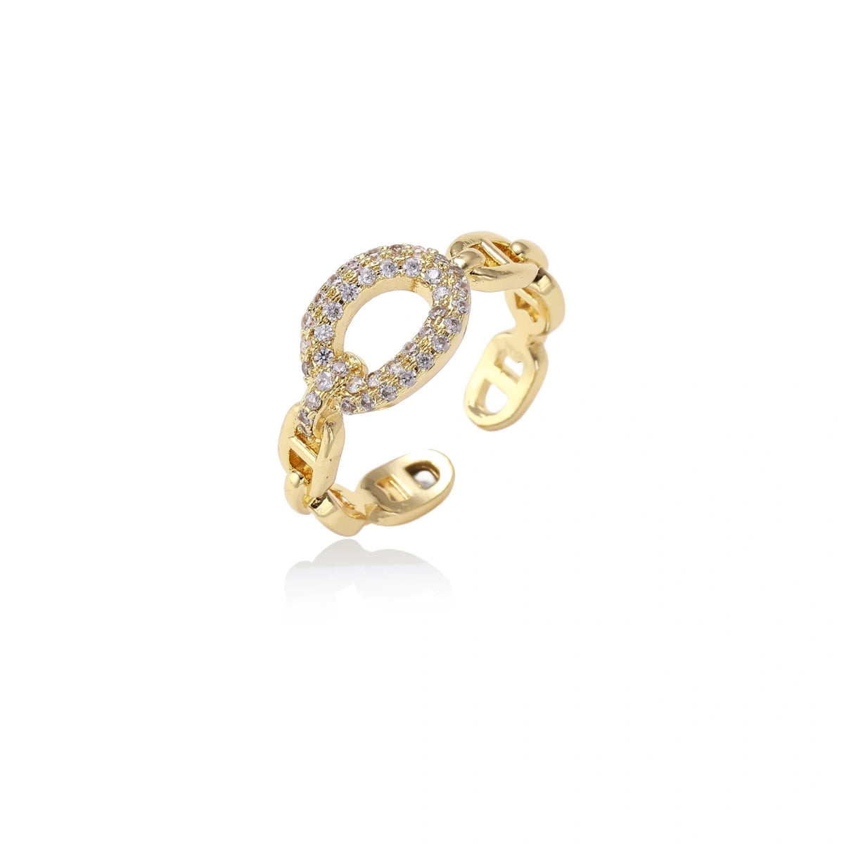 Golden Chain Statement Ring, mariner chain-link ring with a pave zirconia centre link