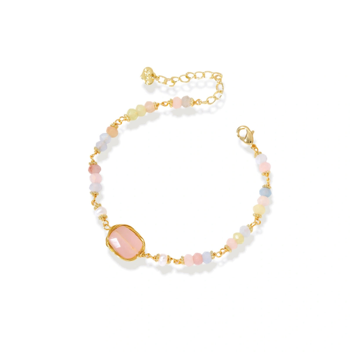Rosalie Quartz Bracelet with pastel gemstone beads and freshwater pearls on gold-tone brass chain
