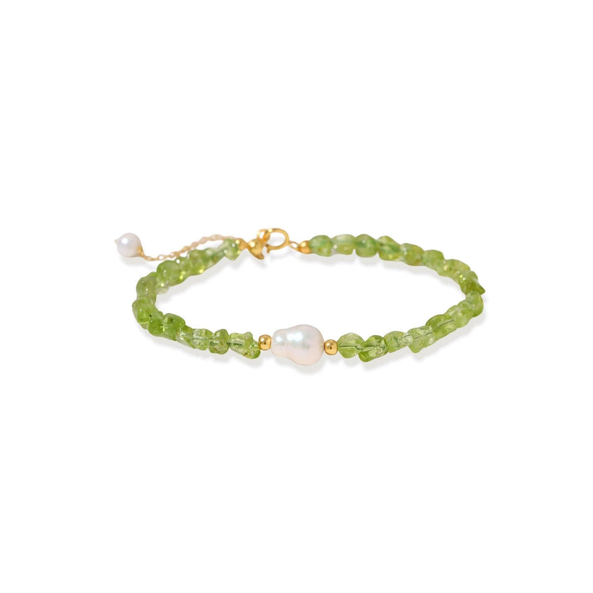 Sylvie Peridot Bracelet close-up of freshwater pearl drop and clasp