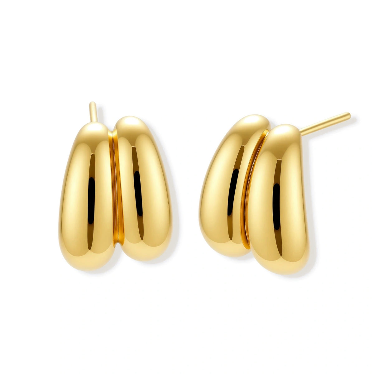 Ondine Sculpted Studs, pair of polished gold double-dome stud earrings, one front-on and one turned to show the post