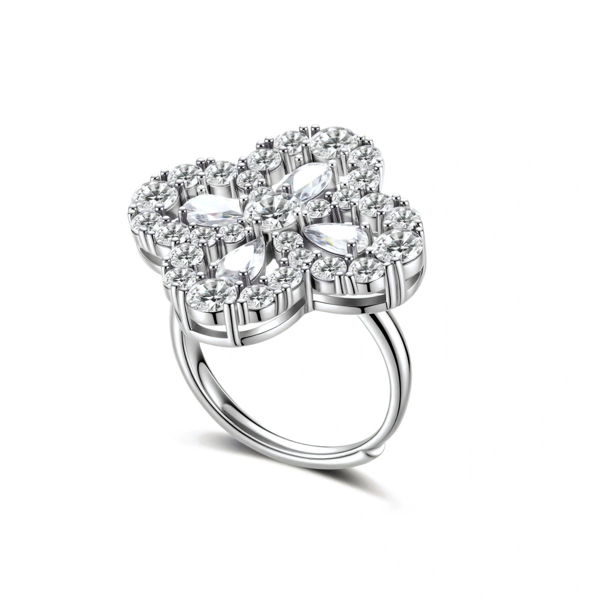 Blythe Clover Moissanite Ring, angled view showing the openwork clover and open adjustable band