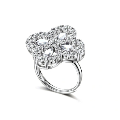 Blythe Clover Moissanite Ring, angled view showing the openwork clover and open adjustable band