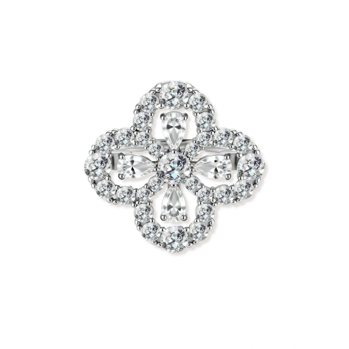 Blythe Clover Moissanite Ring, front view of the pear-cut clover with a round moissanite centre and pavé edge