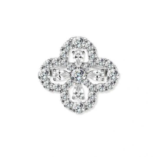 Blythe Clover Moissanite Ring, front view of the pear-cut clover with a round moissanite centre and pavé edge
