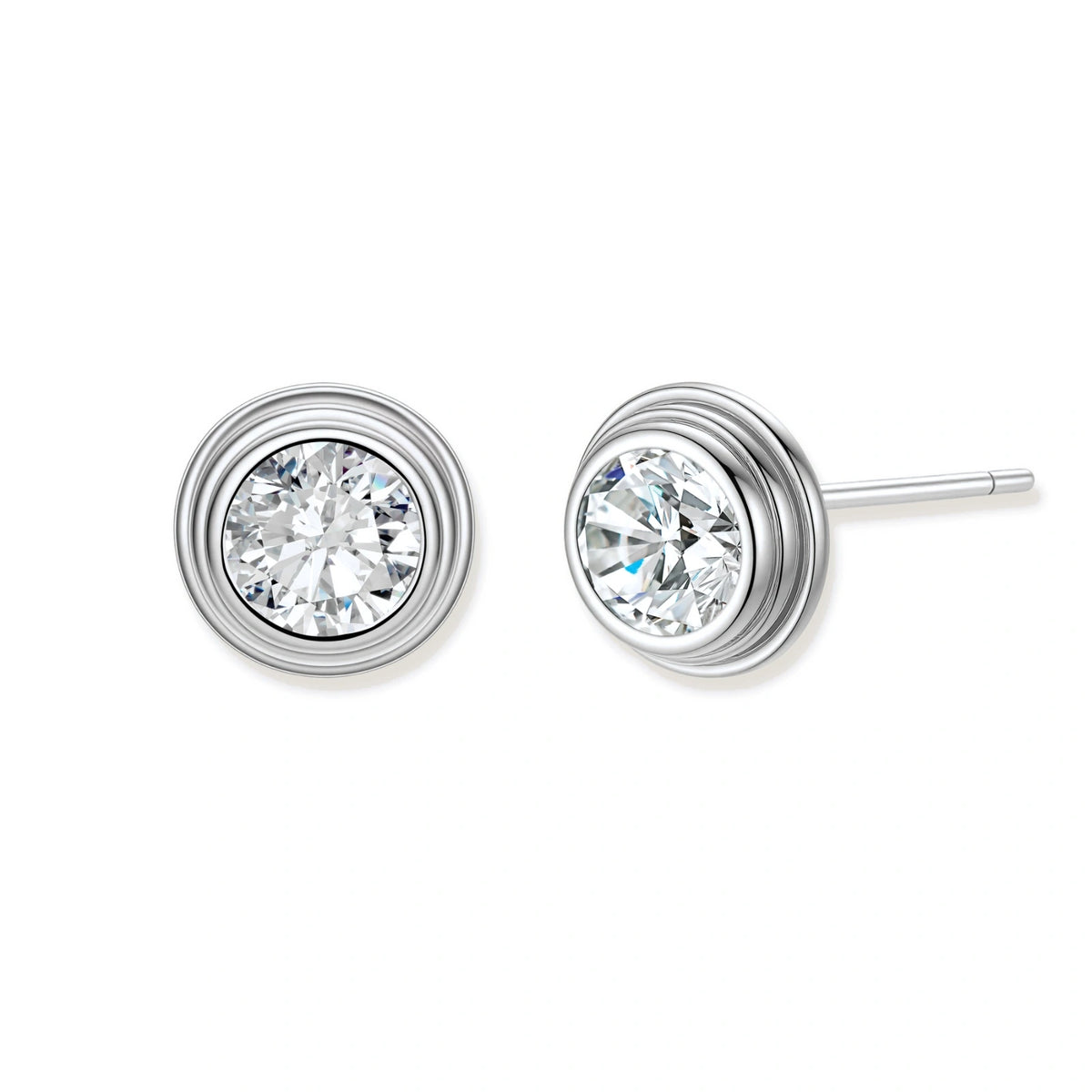 Orla Bezel Moissanite Studs, pair of round bezel-set moissanite studs with stepped concentric silver rims, front view
