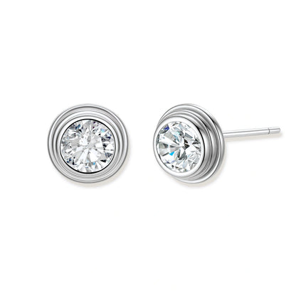 Orla Bezel Moissanite Studs, pair of round bezel-set moissanite studs with stepped concentric silver rims, front view