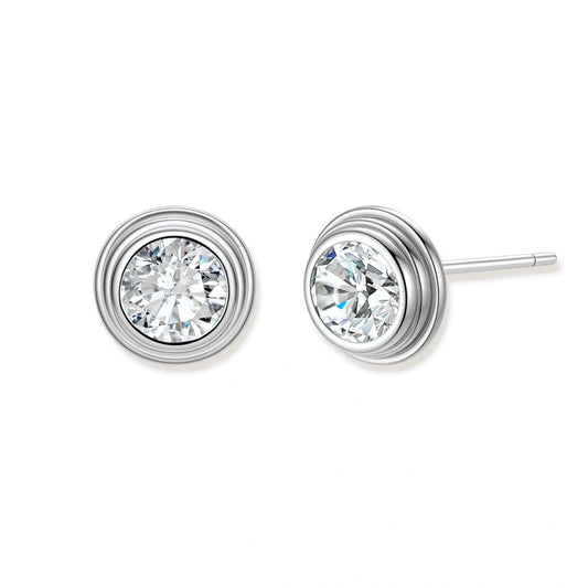 Orla Bezel Moissanite Studs, pair of round bezel-set moissanite studs with stepped concentric silver rims, front view