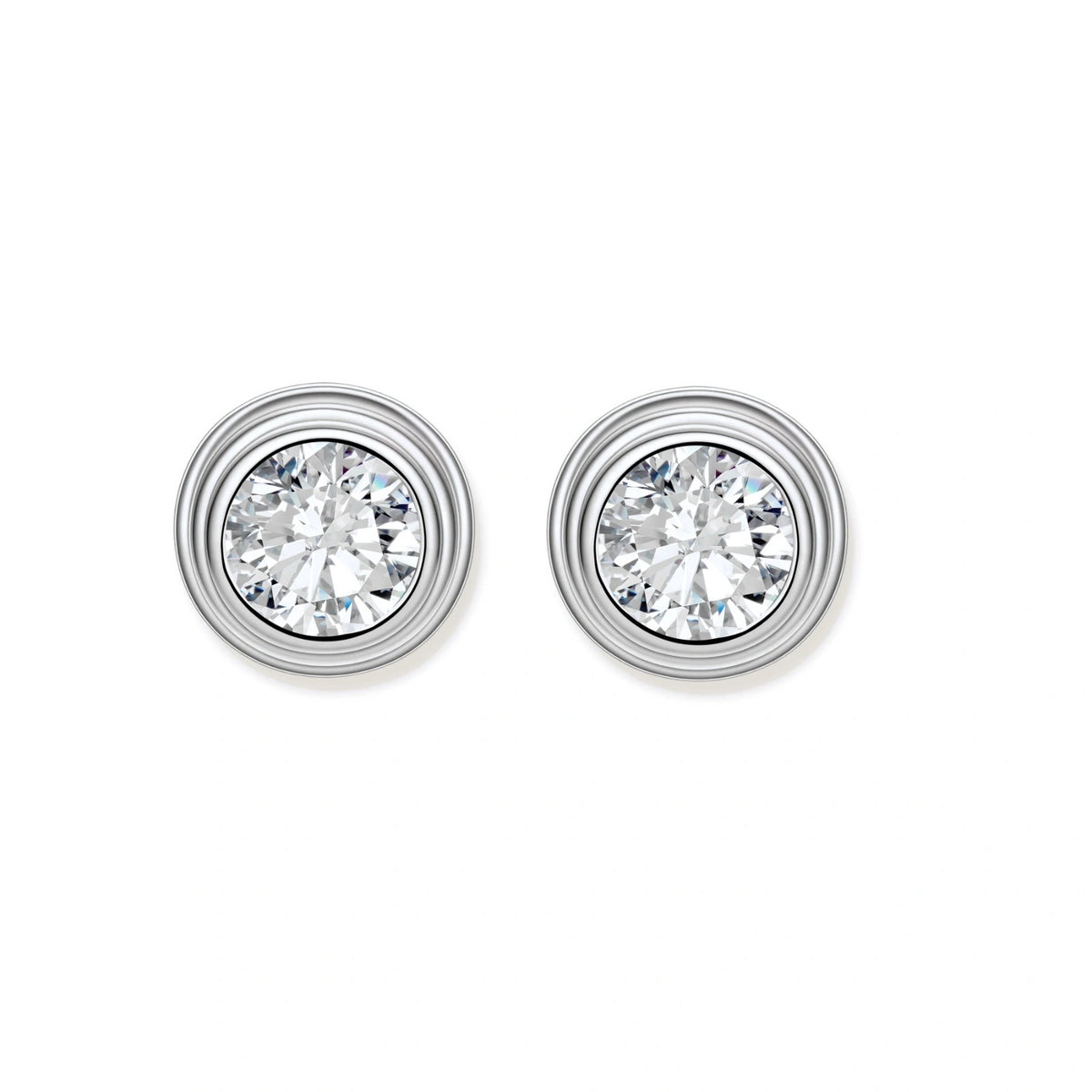Orla Bezel Moissanite Studs, pair front-on showing the stepped bezels